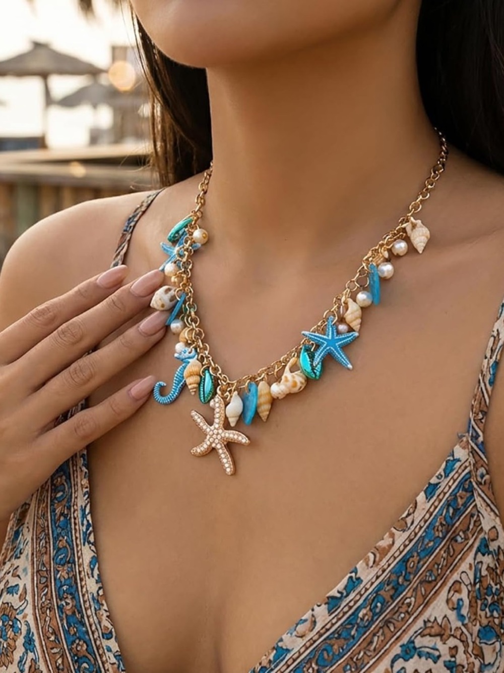 Gold-Tone Turquoise & Pearl Beach Charm Necklace